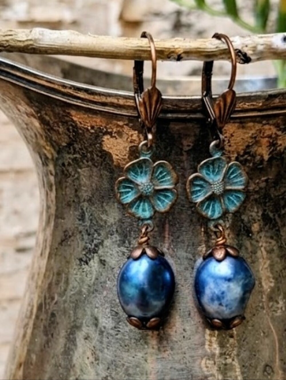 Victorian Teal Freshwater Pearl In Verdigris Rustic Blue Patina Copper Earrings